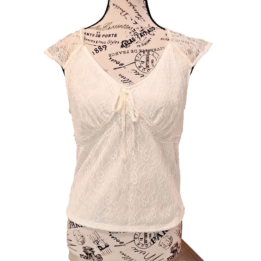 Women L Lace Tie Front Top Stretch Ivory Sheer Shoulder Coquette Balletcore NWT